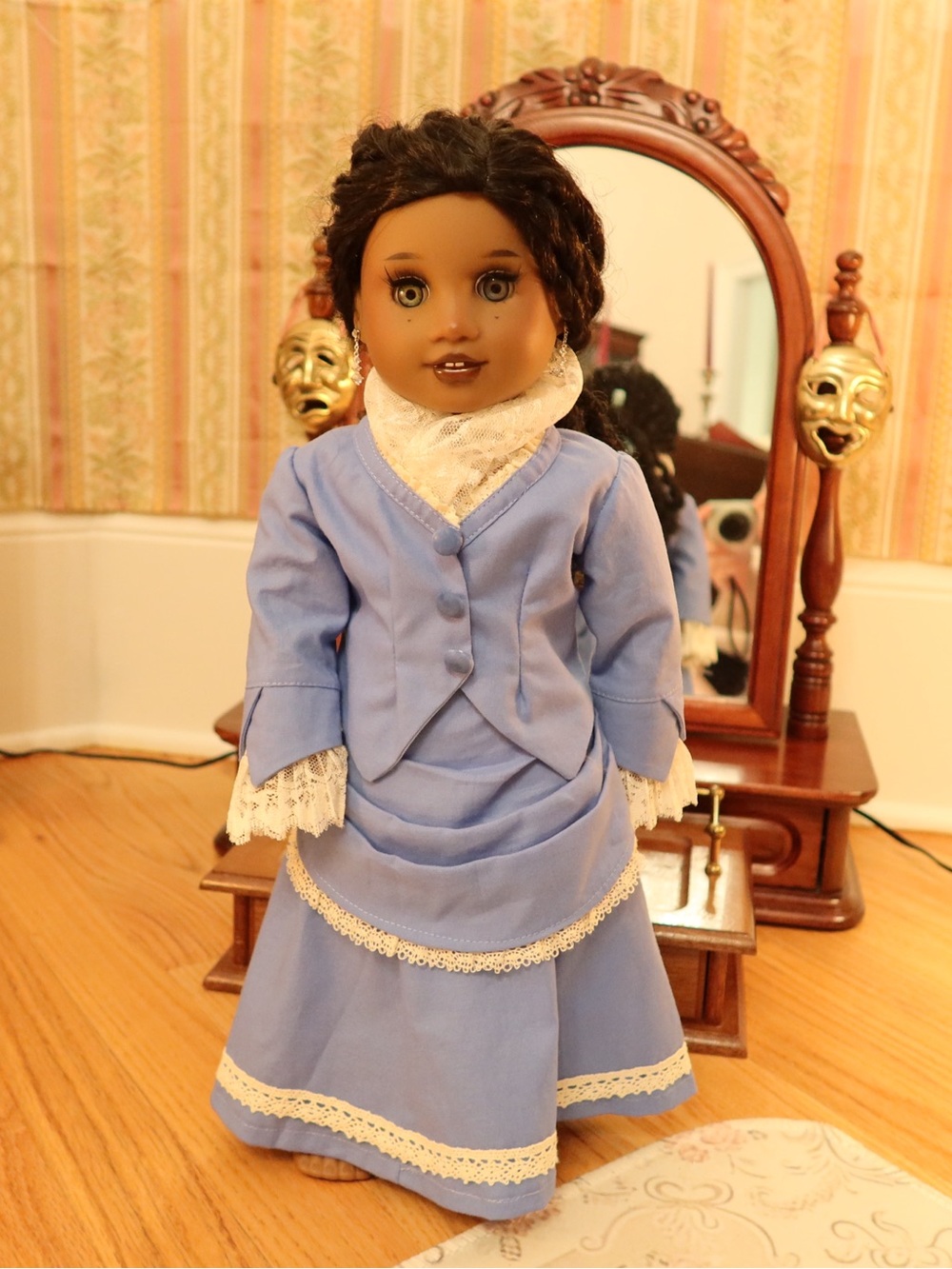 18 Inch American Girl Doll Blue Bustle Stroll Promenade Gown Dress with Lace